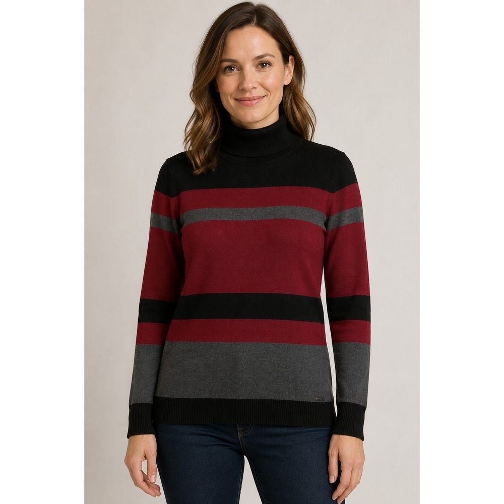 Calvin Klein Women's L Burgundy Black Gray Striped Turtleneck Sweater